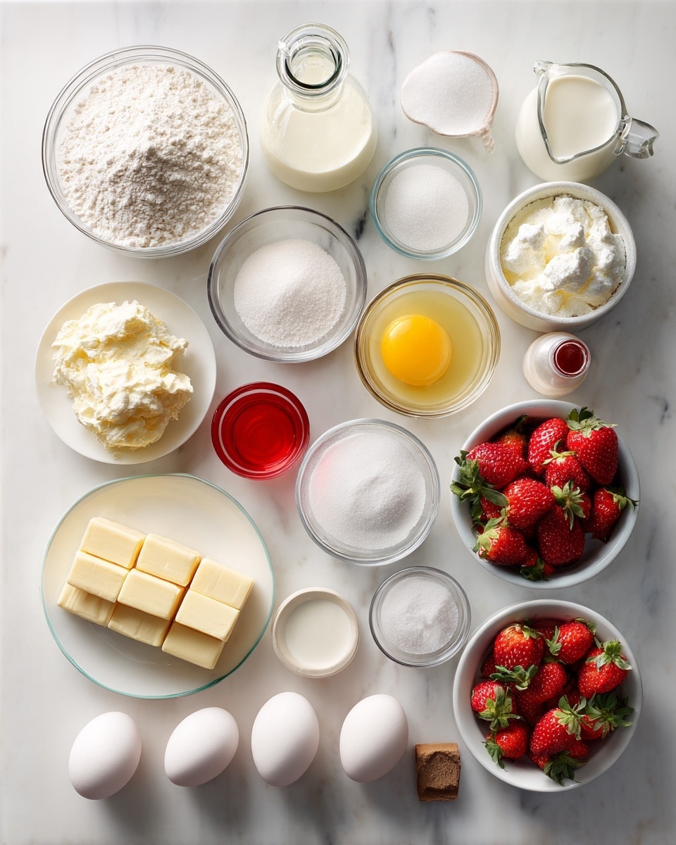 Top-down professional food photography, flat lay style, bright white marble countertop, neatly arranged, evenly spaced, tidy, clean organized layout, include: bowl of all-purpose flour, small bowl of granulated sugar, small bowl of powdered sugar, small bowl of salt, small bowl of baking soda, glass measuring cup of whole milk, bottle of vanilla essence, bottle of lemon essence, bottle of strawberry essence, small bowl of cream cheese, small plate of salted butter sticks, small plate of whole eggs, bowl of fresh strawberries, small bowl of strawberry puree, small glass cup of red liquid food coloring, small bowl of powdered sugar for glaze, small glass cup of milk for glaze, bright soft natural lighting, sharp focus, high detail textures, realistic reflections, professional DSLR look, 4K, no finished dish, no cooked food, no hands, no text, no watermark, no brand logos --ar 4:5 --v 7