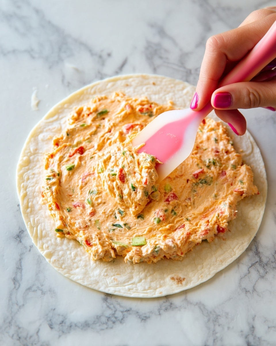 A close-up image shows a flat, round tortilla spread with one thick layer of a light orange creamy mixture that has visible bits of red, green, and white. The mixture is being spread from the right side using a translucent spatula with a pink silicone tip, held by a woman's hand with pink nail polish. The tortilla rests on a white marbled surface. Photo taken with an iphone --ar 4:5 --v 7
