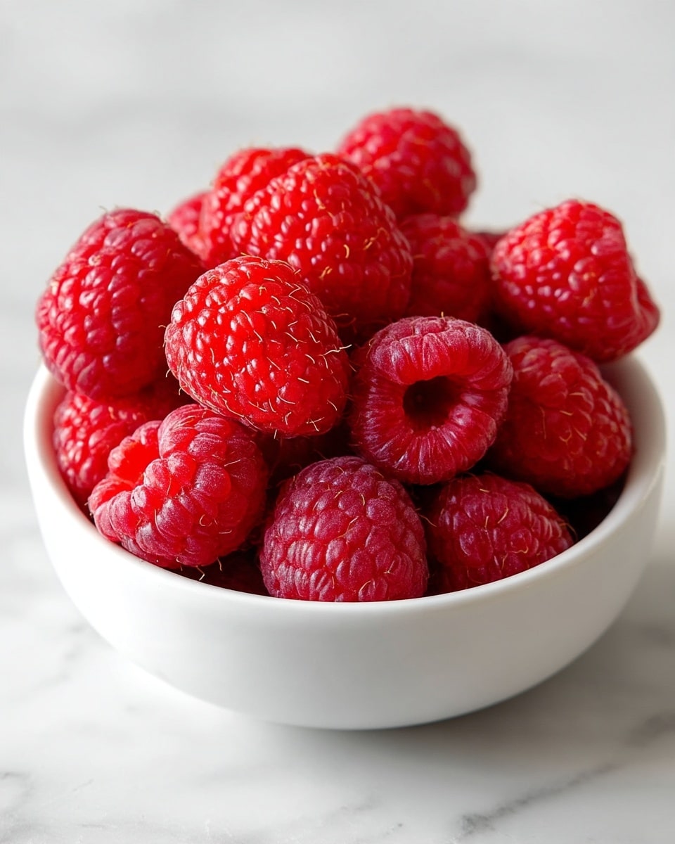 A small white bowl filled with bright red raspberries, each raspberry showing detailed texture and tiny seeds. The bowl is placed on a white marbled surface, and the raspberries fill the bowl to the top in a natural, slightly uneven heap. The image focuses closely on the raspberries with soft lighting highlighting their rich red color and fresh look. photo taken with an iphone --ar 4:5 --v 7
