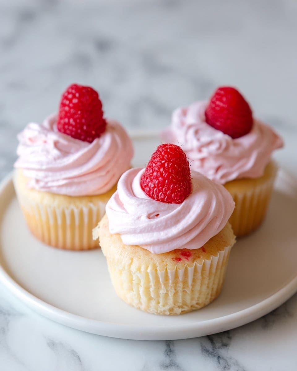 Three cupcakes sit on a white plate placed on a white marbled surface. Each cupcake has a light yellow base topped with a thick, fluffy layer of pale pink frosting. On top of each frosting swirl rests one bright red raspberry, centered and adding a fresh, textured contrast. The frosting looks soft and creamy with gentle swirls visible in the light. photo taken with an iphone --ar 4:5 --v 7