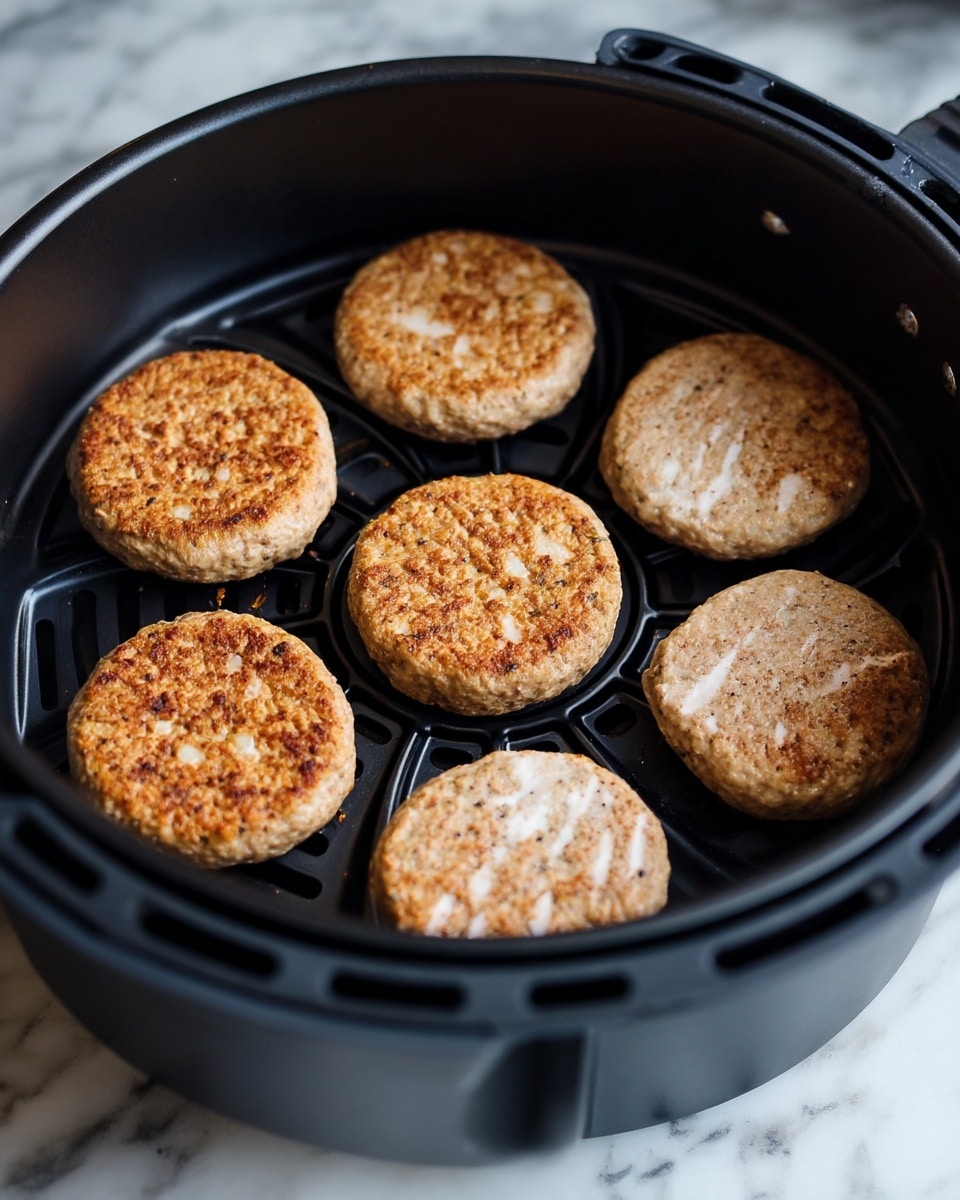 The image shows six round, lightly browned patties arranged evenly inside a black air fryer basket. The patties have a soft, slightly textured surface with some white patches and uneven browning. The air fryer basket has a patterned bottom with curved slits and ridges in a spiral design. The background surface is a white marbled texture. Photo taken with an iphone --ar 4:5 --v 7