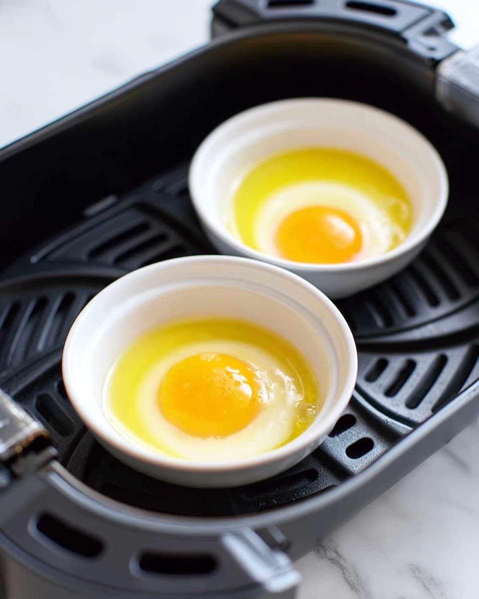 Two white small round bowls each hold a single raw egg, showing bright yellow yolks in the center surrounded by transparent egg whites. These bowls are placed inside a black air fryer basket with a patterned surface. The whole setup is on a white marbled surface. The image is bright and clear, showing the raw eggs ready to be cooked. photo taken with an iphone --ar 4:5 --v 7