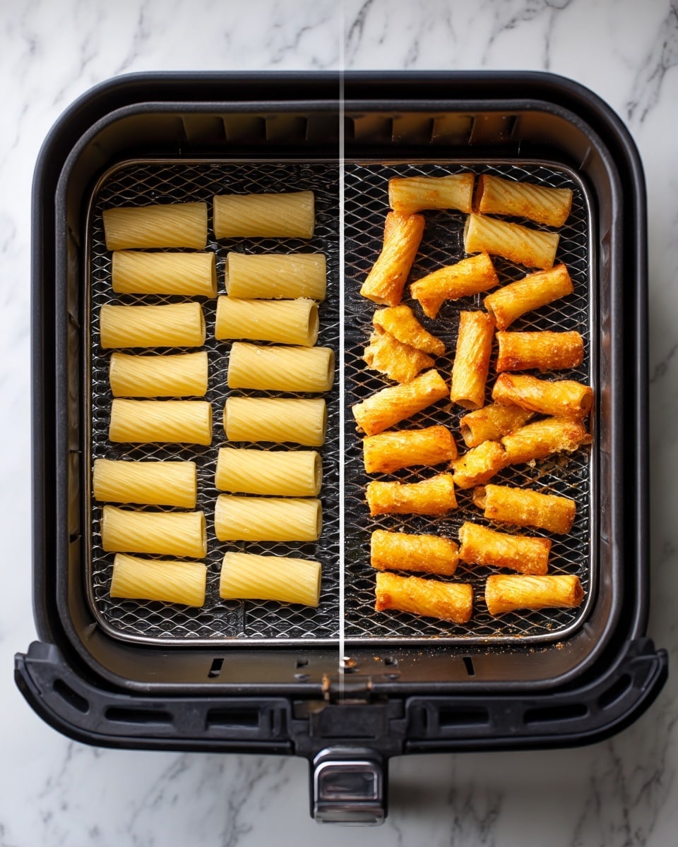 The image shows two side-by-side photos of a metal mesh tray inside a black air fryer on a white marbled surface. The left photo displays a neat layer of uncooked, pale yellow rigatoni pasta tubes arranged in four rows across the tray, with smooth, slightly ridged texture. The right photo shows the same tray with a single layer of golden-brown, toasted rigatoni pasta, each piece evenly browned and crinkled in texture, scattered loosely across the tray. The air fryer door is open in both photos, revealing its dark interior. Photo taken with an iphone --ar 4:5 --v 7