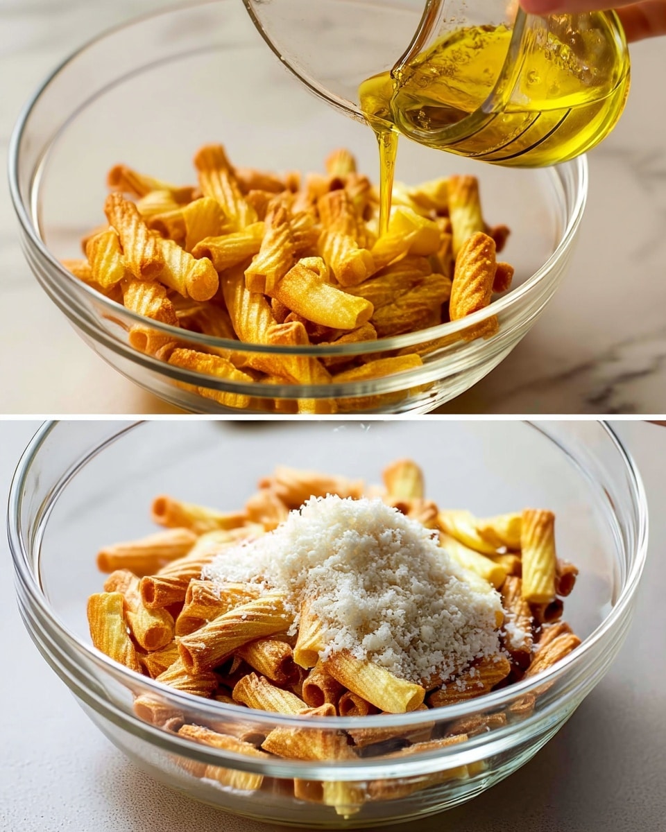 The image shows two close-up shots of a clear glass bowl on a white marbled surface filled with crispy, golden-brown, ridged snack sticks. In the top shot, golden yellow oil mixed with black pepper is pouring from a small glass container into the bowl, creating a shiny layer over the snack sticks. In the bottom shot, a pile of finely grated white cheese is being sprinkled over the snack sticks, creating a textured white mound on top of the golden snacks. Light shines softly on the bowl, highlighting the dry texture of the snacks and the creamy look of the cheese. Photo taken with an iphone --ar 4:5 --v 7