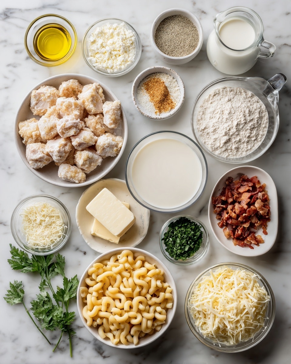 Top-down professional food photography, flat lay style, bright white marble countertop, neatly arranged, evenly spaced, tidy, clean organized layout, include: small glass cup of olive oil, bowl of dry ranch seasoning, bowl of prepared chicken pieces seasoned with ranch, small plate of unsalted butter, bowl of all-purpose flour, glass measuring cup of whole milk, small bowl of salt, small bowl of garlic powder, bowl of shredded white cheddar cheese, bowl of shredded mozzarella cheese, bowl of uncooked elbow macaroni, small plate of cooked crumbled bacon, small bowl of chopped parsley, bright soft natural lighting, sharp focus, high detail textures, realistic reflections, professional DSLR look, 4K, no finished dish, no cooked food, no hands, no text, no watermark, no brand logos --ar 4:5 --v 7
