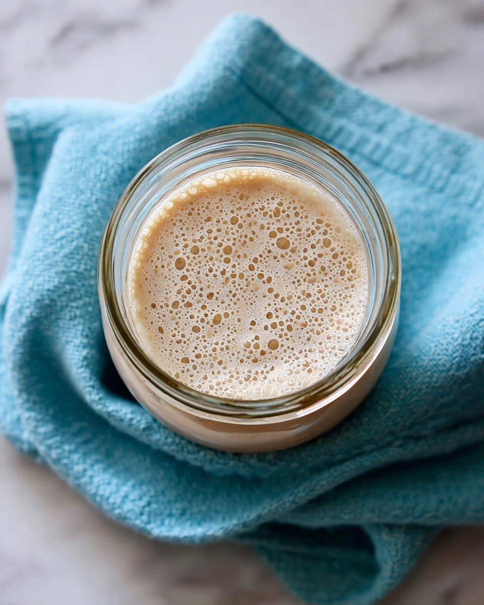 The image shows a close-up top view of a glass jar filled with a light beige bubbly liquid, likely yeast starter or sourdough starter. The jar is placed on a soft blue cloth, which rests on a white marbled surface. The liquid inside the jar has small bubbles scattered on its surface, giving it a slightly frothy texture. Photo taken with an iphone --ar 4:5 --v 7