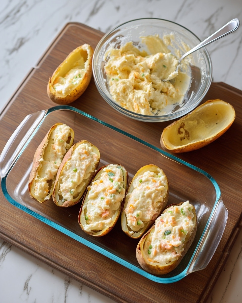 The image shows six potato shells arranged in a clear glass baking dish on a brown wooden surface; four of the shells are filled with a creamy, pale mixture that has small bits of orange and green, while two shells are empty, showing a smooth, light yellow inside. Next to the dish, there is a clear glass bowl with more of the creamy mixture, and a metal spoon resting inside. The scene is set on a white marbled texture. photo taken with an iphone --ar 4:5 --v 7
