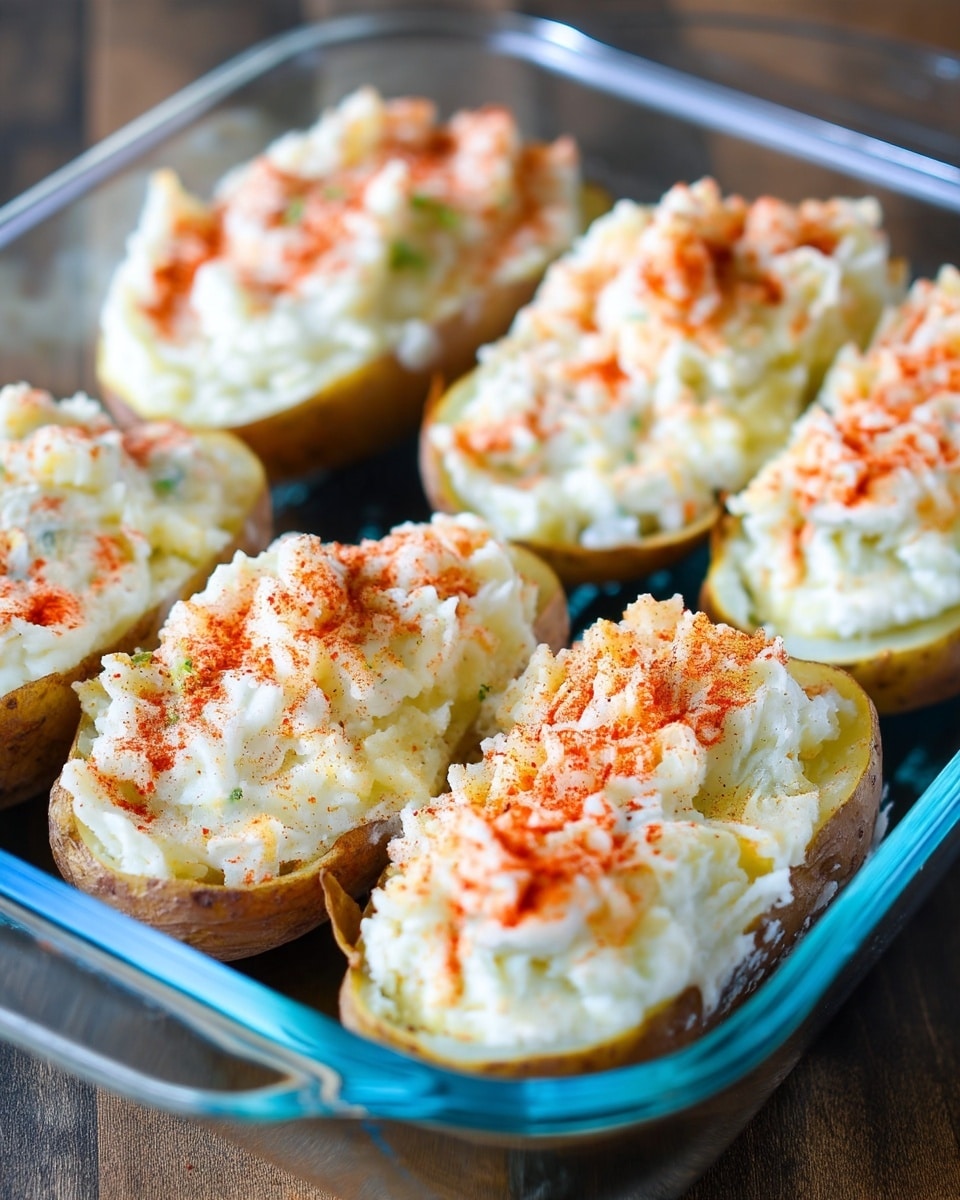 This image shows a glass baking dish filled with potato halves that have been scooped out and filled with a creamy white potato mixture. Each potato half is topped with a sprinkling of reddish-orange spice, likely paprika, adding a pop of color against the white, fluffy potato filling. The potato skins are light brown and act as a base layer, holding the soft, textured potato filling above. The dish is placed on a wooden surface. The photo taken with an iphone --ar 4:5 --v 7