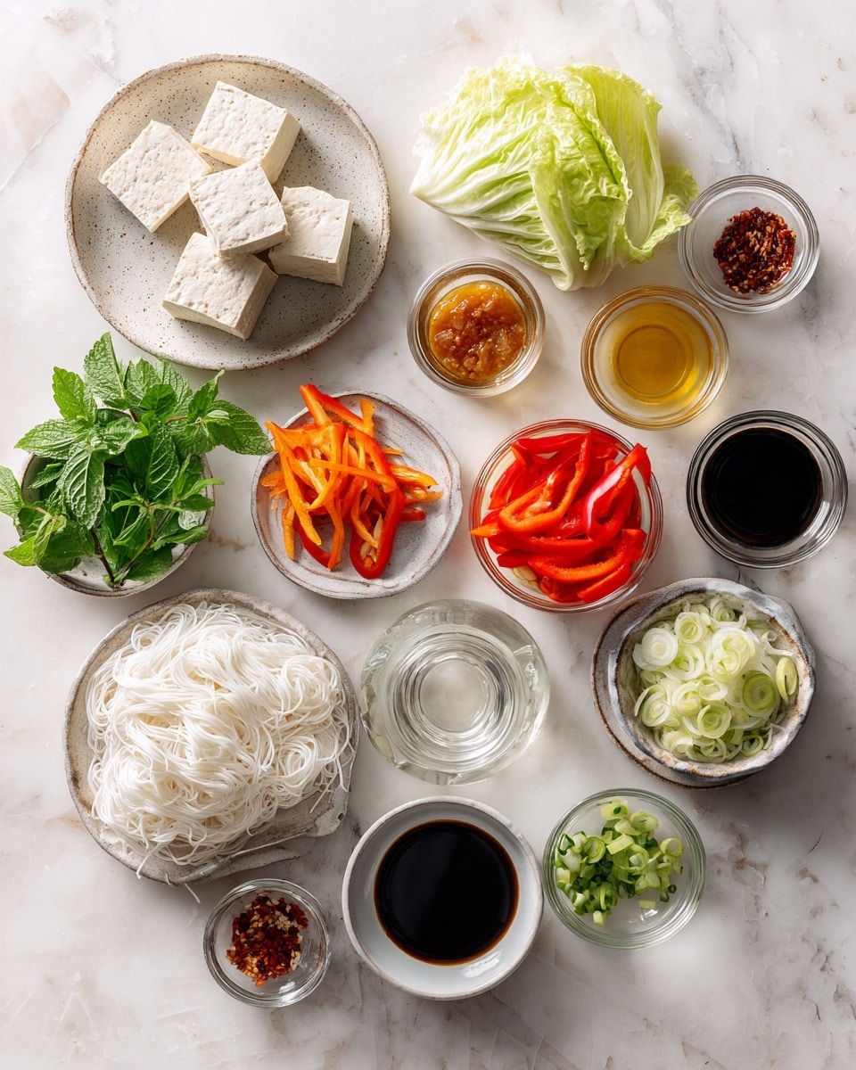 Top-down professional food photography flat lay style on bright white marble countertop, neatly arranged, evenly spaced, tidy, clean organized layout, include: small plate with firm tofu slices, small glass cup with ginger paste, small glass cup with chilli oil, small glass cup with vegetable oil, whole little gem lettuce leaves on small plate, small bowl with sliced red and orange bell pepper, small bowl with finely sliced white cabbage, small bowl with diagonally sliced spring onions, small bowl with fresh mint leaves, small bowl with fresh coriander leaves, small bowl with soaked thin rice noodles, small bowl with lime juice, small glass cup with light soy sauce, small bowl with caster sugar, small glass cup with garlic paste, small bowl with dried chilli flakes, bright soft natural lighting, sharp focus, high detail textures, realistic reflections, professional DSLR look, 4K, no finished dish, no cooked food, no hands, no text, no watermark, no brand logos --ar 4:5 --v 7