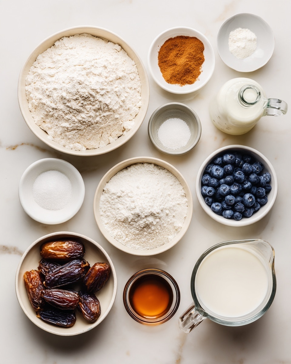 Top-down professional food photography, flat lay style, bright white marble countertop, neatly arranged, evenly spaced, tidy, clean organized layout, include: bowl of all-purpose flour, small bowl of cinnamon, small bowl of baking soda, small bowl of baking powder, small bowl of coconut sugar, small bowl of salt, glass measuring cup of warm almond milk, glass measuring cup of mild-flavor olive oil, bottle of vanilla essence, bowl of pitted Medjool dates, bowl of fresh blueberries, bright soft natural lighting, sharp focus, high detail textures, realistic reflections, professional DSLR look, 4K, no finished dish, no cooked food, no hands, no text, no watermark, no brand logos --ar 4:5 --v 7