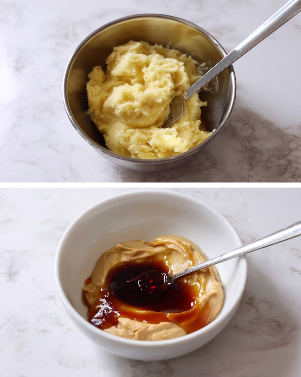 The first image shows a metal bowl placed on a white marbled surface, filled with a pale yellow dough-like mixture with a soft, uneven texture. A metal fork is pressed into the mixture, partially breaking it up. The second image shows a white bowl on a white marbled surface containing several layers: a beige smooth paste, a dark brown liquid in the center, and a shiny amber syrup poured over part of the paste, creating a contrast in colors and textures. Photo taken with an iphone --ar 4:5 --v 7