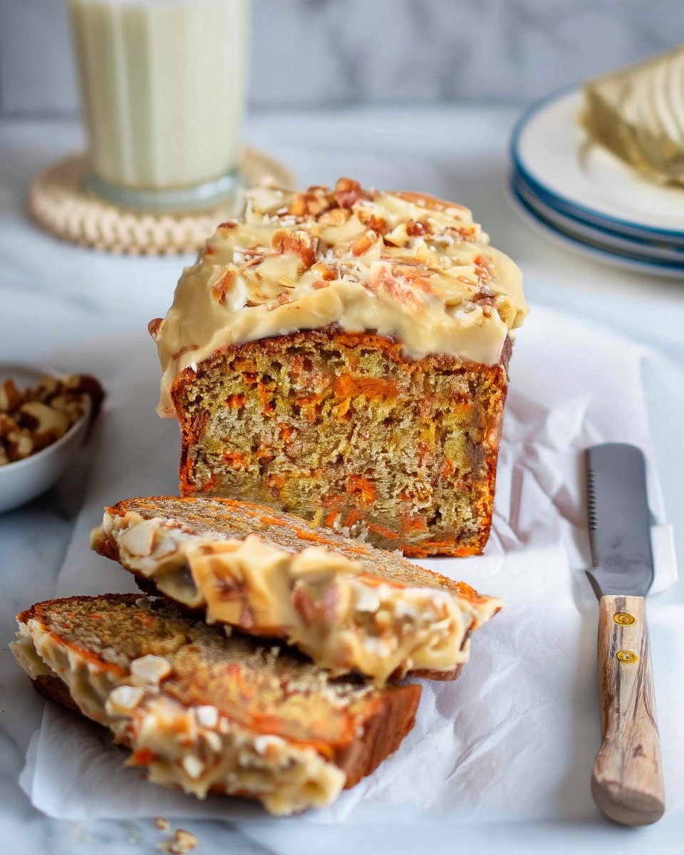 The image shows a loaf of carrot cake with three slices cut and laid in front. The cake has a dense texture with visible small orange carrot pieces inside. On top, there is a thick layer of creamy, light beige frosting covered with chopped nuts scattered evenly. The cake is placed on white parchment paper over a white marbled surface. On the right side, there is a knife with a wooden handle lying flat. In the background, a stack of white plates with blue rims and a glass of milk can be seen slightly out of focus. The photo taken with an iphone --ar 4:5 --v 7
