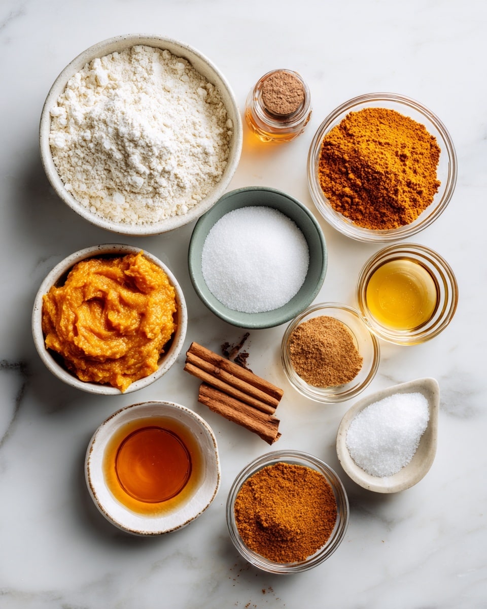 Top-down professional food photography, flat lay style, bright white marble countertop, neatly arranged, evenly spaced, tidy, clean organized layout. Include: bowl of almond flour, small bowl of pumpkin spice powder, small bowl of unrefined cane sugar, small glass cup of pumpkin puree, small glass cup of maple syrup. Bright soft natural lighting, sharp focus, high detail textures, realistic reflections, professional DSLR look, 4K. No finished dish, no cooked food, no hands, no text, no watermark, no brand logos --ar 4:5 --v 7
