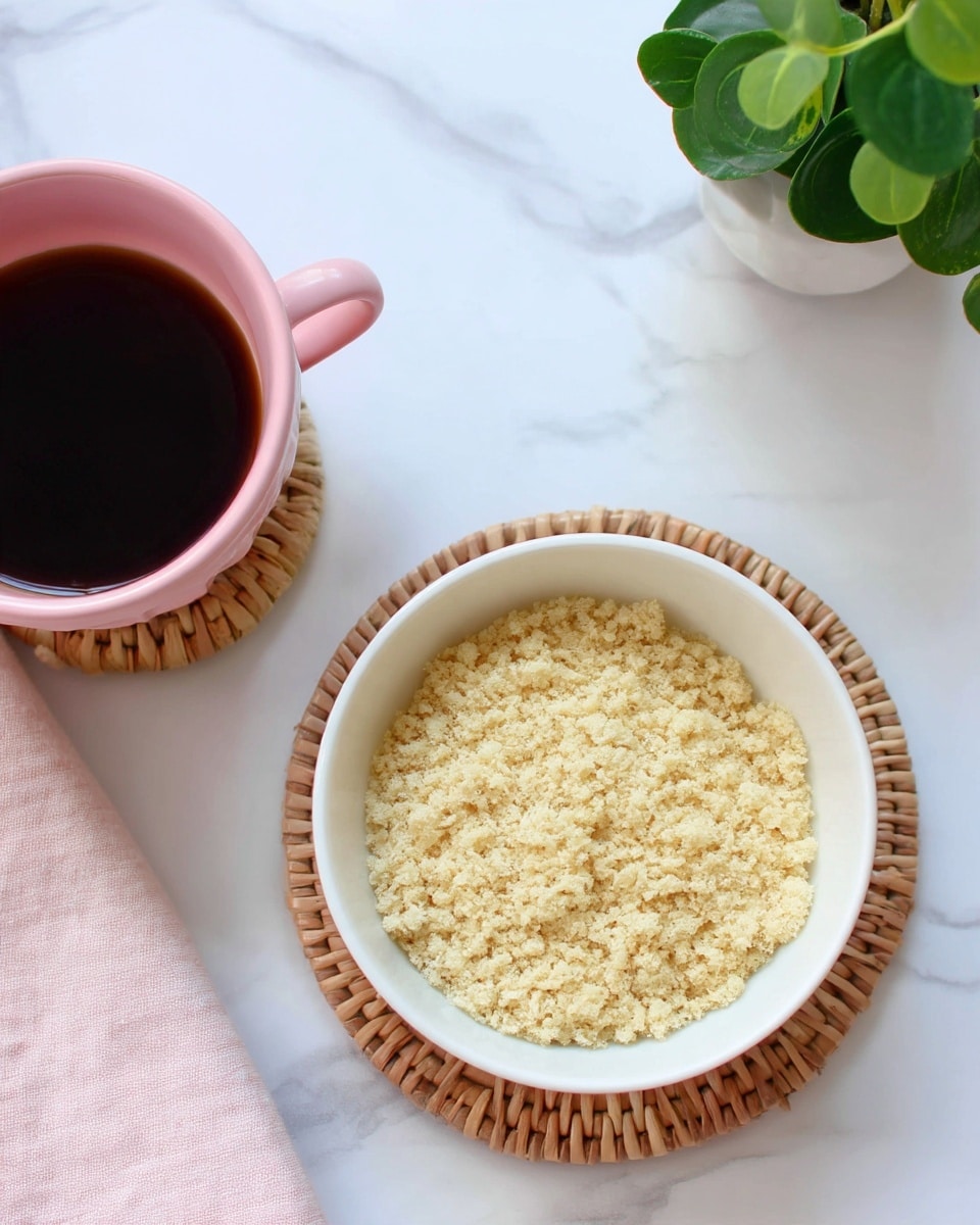 A white bowl filled with a single layer of light beige crumbly powder, spread evenly across the bottom. Next to the bowl is a pink cup with dark brown liquid inside, placed on a small woven coaster. There is also a small green plant in a white pot on the white marbled surface, visible in the background. Photo taken with an iphone --ar 4:5 --v 7