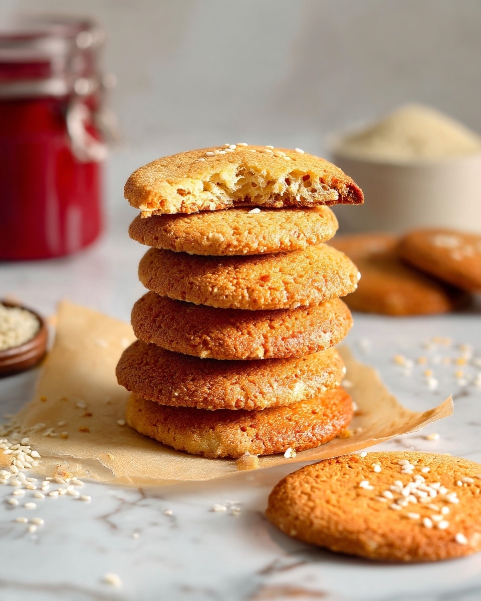 The image shows a stack of six golden-brown cookies on a piece of parchment paper on a white marbled surface. At the bottom, four round cookies lie flat, each sprinkled with white sesame seeds, showing a slightly rough surface texture. On top, two more cookies sit stacked, with the top cookie broken in half, revealing a soft, crumbly inside with a slightly darker shade. In the background, a blurred jar, a white container, a red object, and a small white bowl filled with sesame seeds are visible, all on the white marbled surface. The lighting is warm, giving the cookies a fresh-baked look. photo taken with an iphone --ar 4:5 --v 7