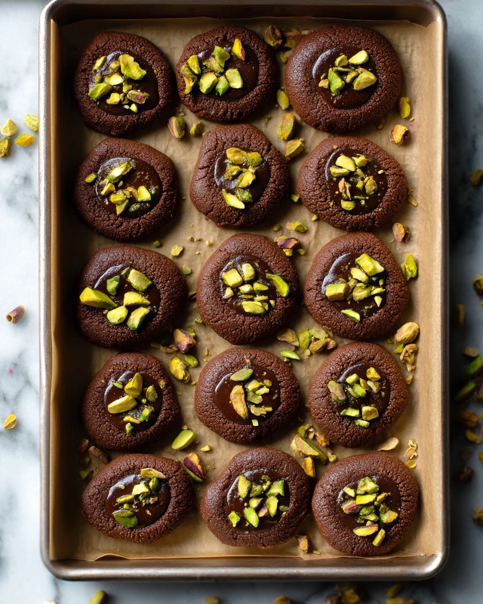 The image shows a tray of chocolate cookies arranged in neat rows on brown parchment paper. Each cookie is round and smooth with a slightly cracked top layer, dark brown in color, and they are topped with chopped green pistachio pieces scattered in the center. The cookies look soft with a matte texture, and there are some extra pistachio bits spread around the tray. The background is a white marbled surface. photo taken with an iphone --ar 4:5 --v 7