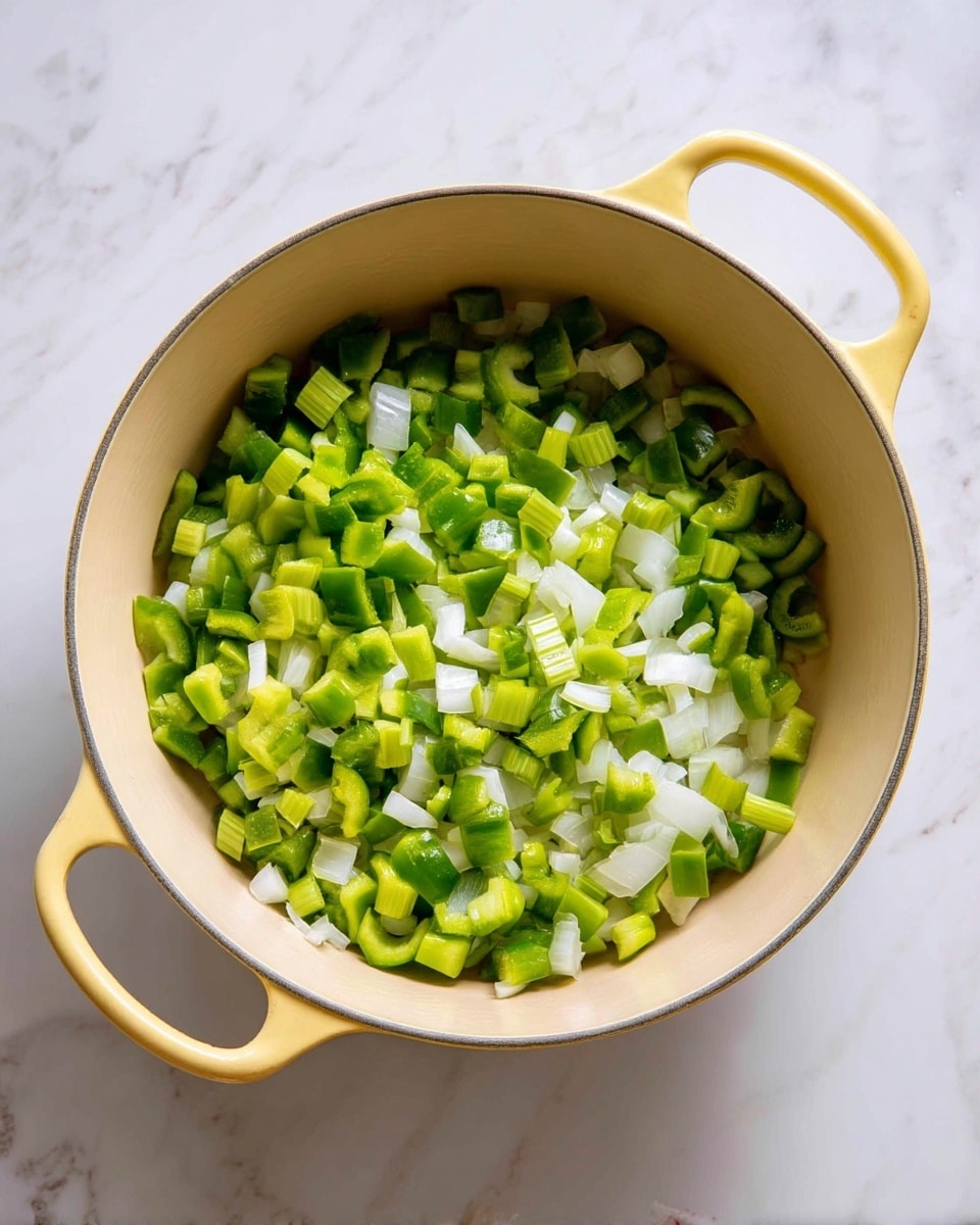 A close-up top view of a light yellow pot filled with one layer of chopped vegetables. The vegetables include white chopped onions, bright green chopped bell peppers, and light green chopped celery, mixed evenly across the bottom of the pot. The pot is placed on a white marbled surface with a smooth texture. photo taken with an iphone --ar 4:5 --v 7
