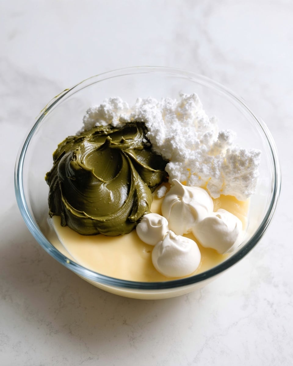 A clear glass bowl sits on a white marbled surface, filled with four distinct layers of ingredients. The bottom layer is a smooth, pale yellow creamy base. On top of this is a fluffy, white powdery layer that looks light and soft. There are also three dollops of thick, bright white cream placed near one side of the bowl. Finally, a thick, glossy, dark green paste is spread across the right center, its texture rich and creamy with small peaks and swirls. photo taken with an iphone --ar 4:5 --v 7