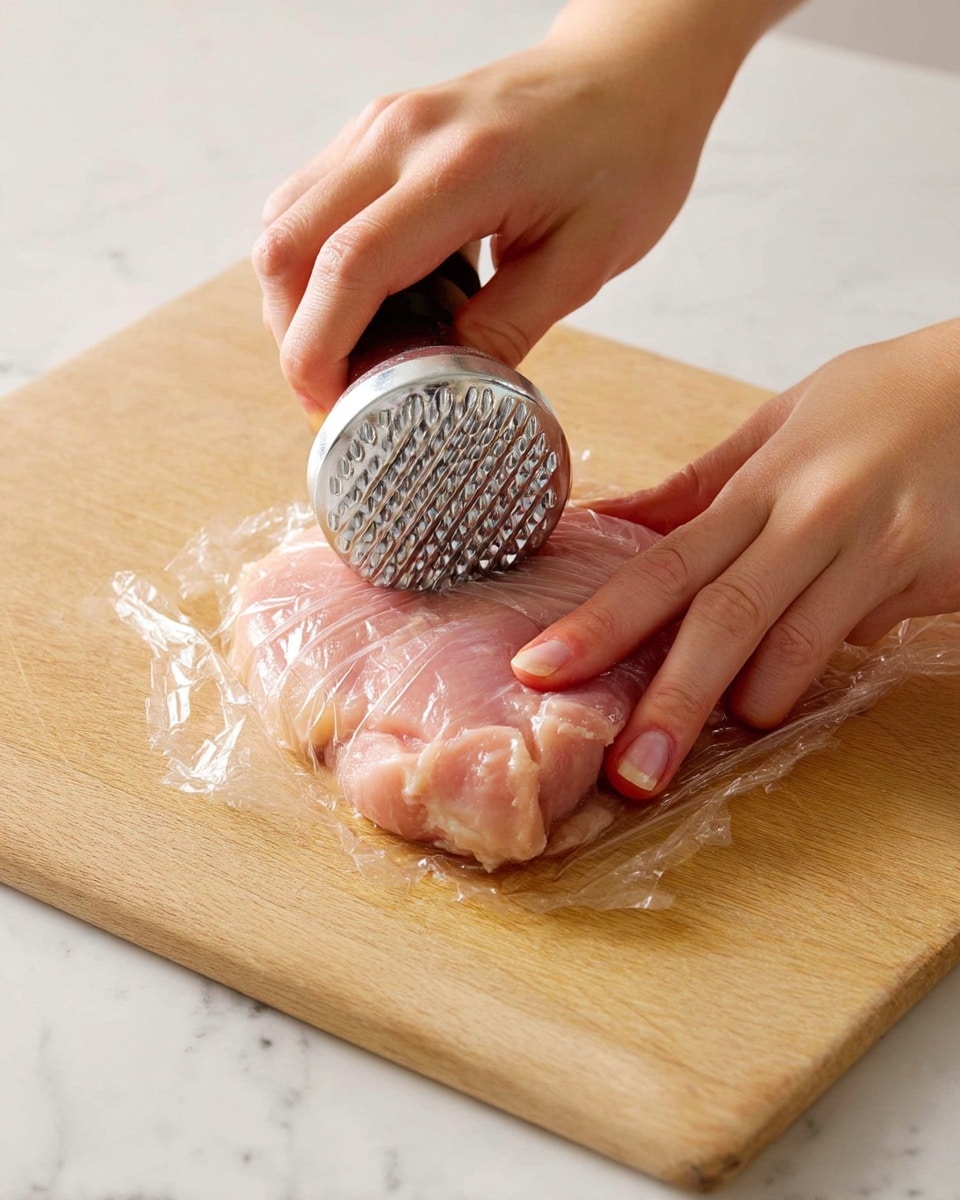 A woman's hands are shown pounding a raw piece of light pink chicken meat covered by a clear plastic wrap on a beige wooden cutting board resting on a white marbled surface. The chicken is being flattened with a metal meat tenderizer with a textured pounding side facing down, held firmly by the woman's right hand, while her left hand steadies the plastic wrap-covered chicken. The image focuses on the action, capturing the texture of the raw chicken and the shiny metal tool. Photo taken with an iphone --ar 4:5 --v 7