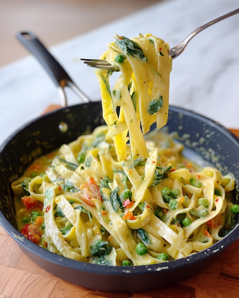 A close-up view of a black pan filled with creamy pasta, showing one fork lifting a bundle of yellow noodles mixed with green leaves and small round orange pieces. The sauce is thick and light yellow with green peas and tiny red bits scattered around. The noodles are wide and soft, coated well by the sauce, while the pan rests on a light wooden surface with a white marbled texture border. Photo taken with an iphone --ar 4:5 --v 7
