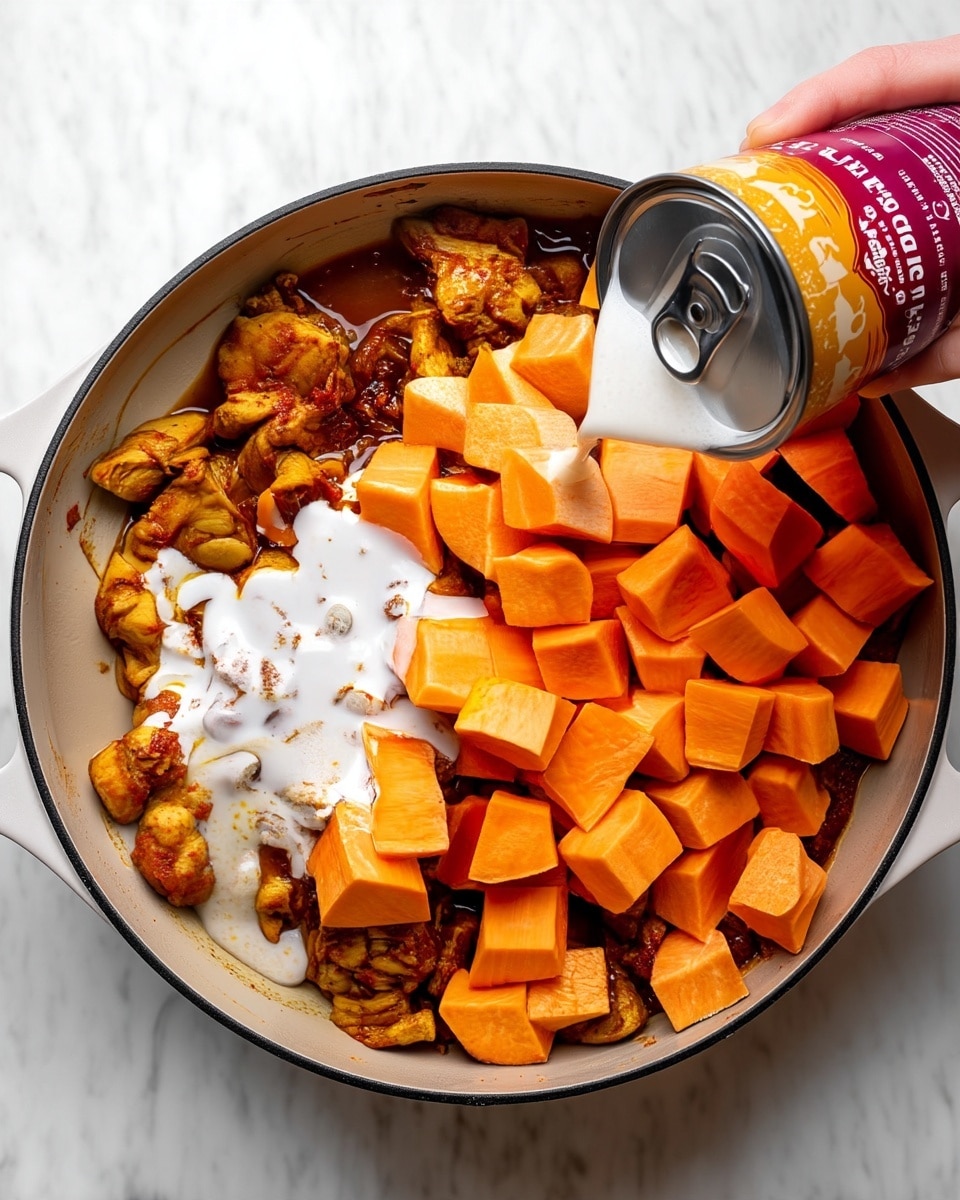 A large white pot filled with three layers: the bottom layer consists of cooked, golden-brown pieces in a reddish sauce evenly spread across the pot; the middle layer is thick white coconut milk pouring from a can onto the cooked pieces, creating a creamy texture mostly on the left side; the top layer is a heap of bright orange, cubed sweet potatoes stacked on the right half. A woman's hand holds the can pouring the milk. The pot rests on a white marbled surface. photo taken with an iphone --ar 4:5 --v 7
