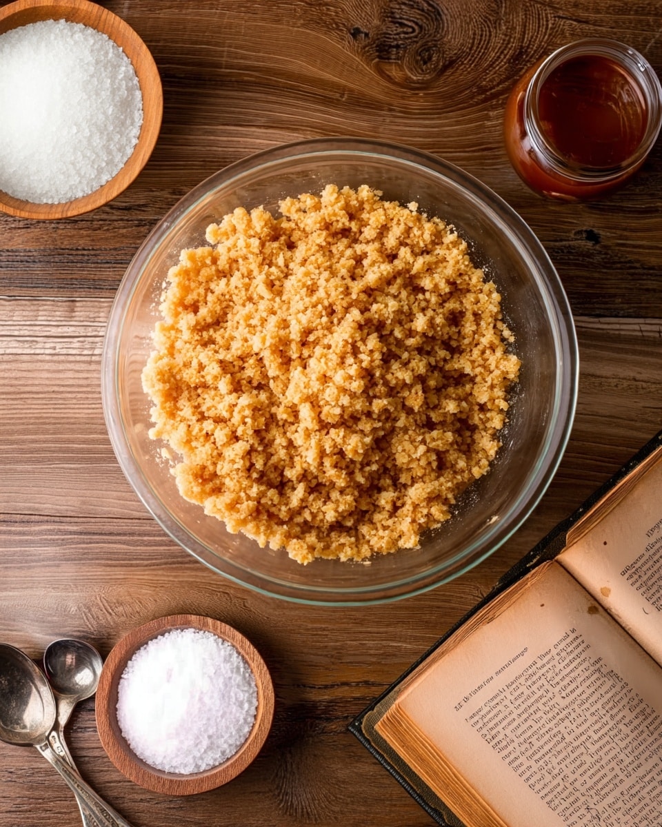 A clear glass bowl filled with a light brown crumbly mixture sits centered on a wooden surface. To the bottom left of the bowl, there is a small round wooden bowl filled with white coarse salt, and a silver spoon is partially visible next to it. At the top right corner of the frame, there is a glass jar filled with a dark reddish-brown sauce. At the bottom right, an open old book with yellowed pages lies flat. The overall scene has a warm, rustic feel. Photo taken with an iphone --ar 4:5 --v 7
