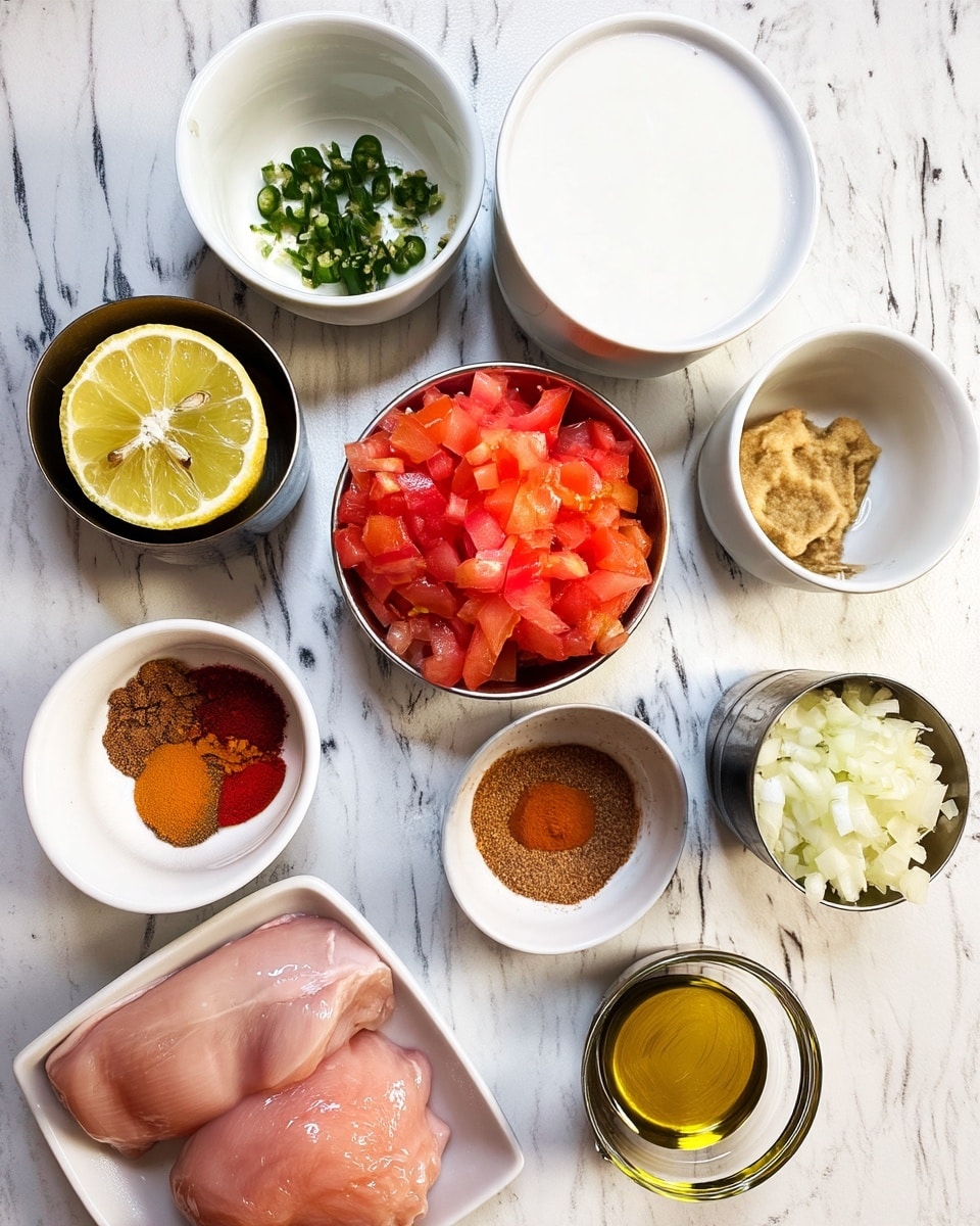 The image shows several small white bowls and silver cups arranged on a white marbled surface. In the center, there is a silver cup filled with bright red diced tomatoes with a wet texture. Above it, there is a large white bowl filled with a smooth white liquid. To the right, a small white bowl holds a tan paste with a thick texture. Above left, another white bowl contains sliced green jalapeño peppers. On the left side, a silver cup holds two lemon halves with a shiny yellow flesh. Below it, a white bowl contains five different powdered spices in shades of brown, red, and orange, neatly separated. To the right of this bowl is a silver cup filled with finely chopped white onions. Just below that, a glass cup holds a golden liquid, likely oil, with a shiny smooth surface. At the bottom, a white dish contains two raw pink chicken pieces with a moist texture. Photo taken with an iphone --ar 4:5 --v 7
