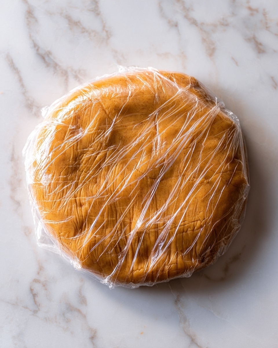 A round, flattened disk of smooth, golden brown dough wrapped tightly in clear plastic wrap, placed on a white marbled surface. The dough has a soft texture with light creases from the plastic wrap pressing against it. The edges are slightly rounded and the top shows subtle uneven marks under the plastic. photo taken with an iphone --ar 4:5 --v 7