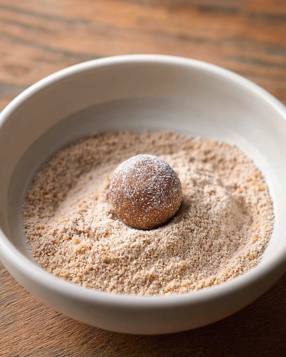 A single small brown ball with a slightly rough texture sits in the center of a wide white bowl. The ball is coated lightly with a dusting of white powder. The bowl holds a shallow layer of a fine, grainy mixture in pale beige and light brown tones, spread evenly across the bottom. The bowl rests on a softly textured wooden surface. photo taken with an iphone --ar 4:5 --v 7