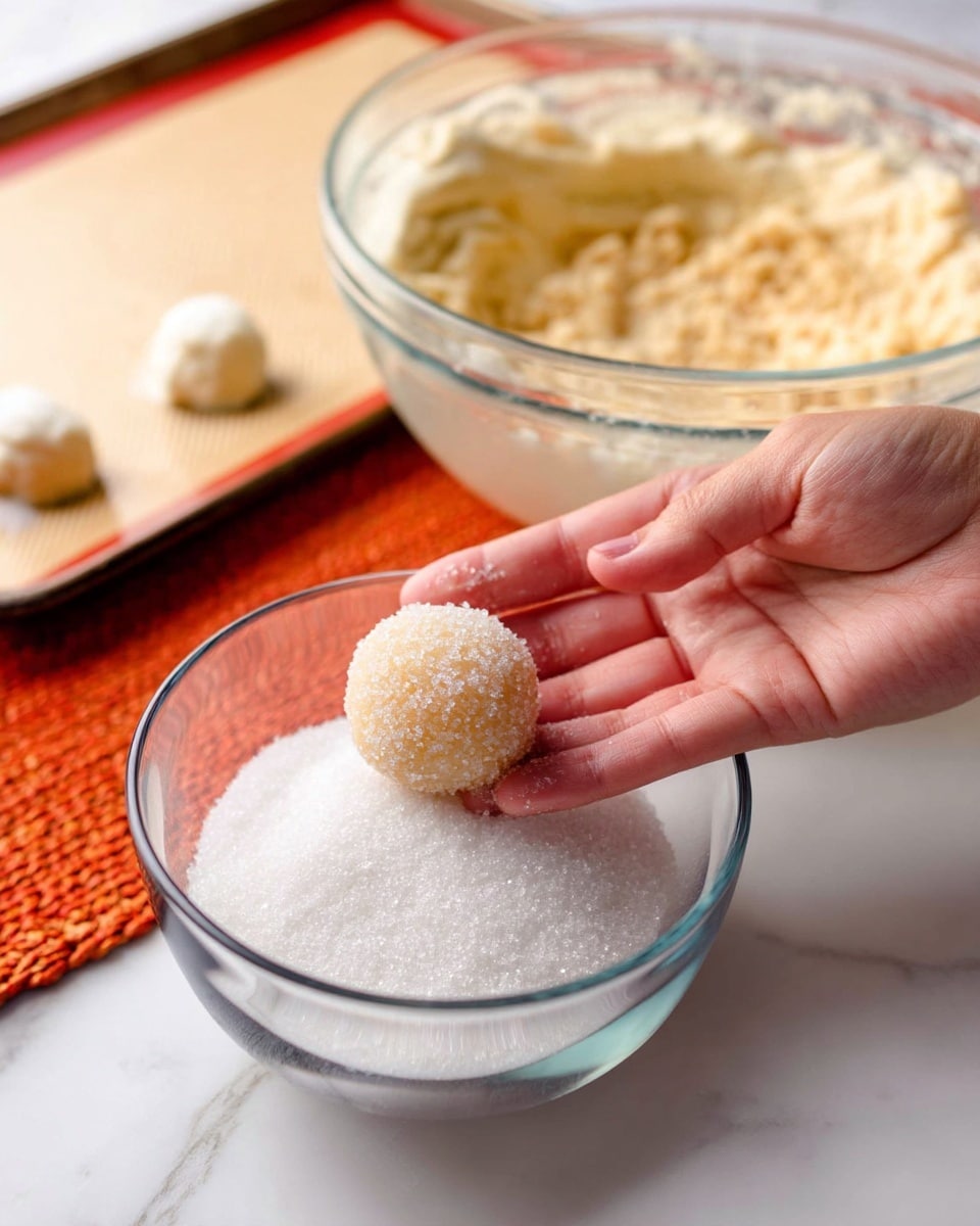 A woman's hand is holding a small dough ball coated lightly in sugar inside a clear glass bowl filled halfway with white sugar granules. Behind the bowl, there is a similar dough ball on a baking tray lined with an orange-rimmed beige mat. Another large clear glass bowl filled with dough is placed in the background. The setup sits on a white marbled surface, and the lighting highlights the texture of the dough and sugar. Photo taken with an iphone --ar 4:5 --v 7