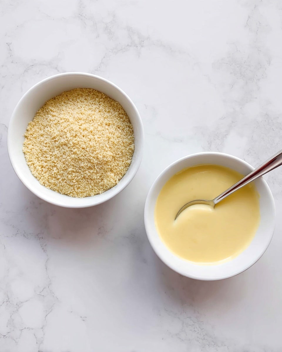 The image shows two white bowls on a white marbled surface, side by side. The left bowl contains a light beige dry mixture with a coarse texture, filling the bowl almost to the rim. The right bowl holds a smooth, creamy pale yellow sauce with a shiny surface, and a silver spoon is resting inside it. The overall tone is soft and light. photo taken with an iphone --ar 4:5 --v 7