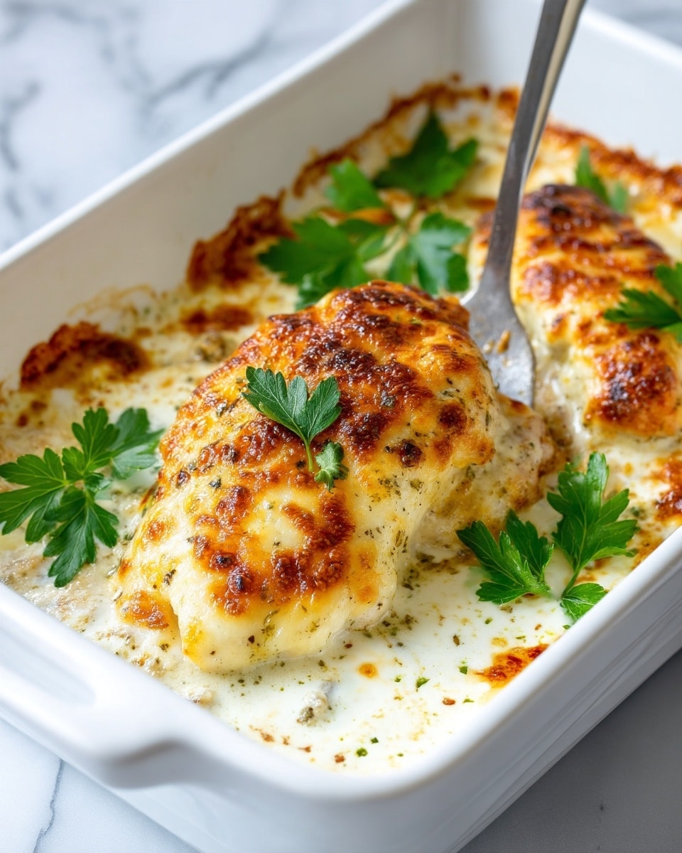 A white rectangular baking dish holds two cooked chicken pieces with a golden-brown cheese crust on top. The crispy cheese layer has a slightly rough texture with some darker browned spots. The chicken pieces rest in a creamy white sauce that spreads across the bottom of the dish, with some sauce clinging to the sides. Fresh green parsley leaves are placed on top for garnish. A metal spatula is lifting one piece, showing the creamy sauce underneath. The dish sits on a white marbled surface. Photo taken with an iphone --ar 4:5 --v 7