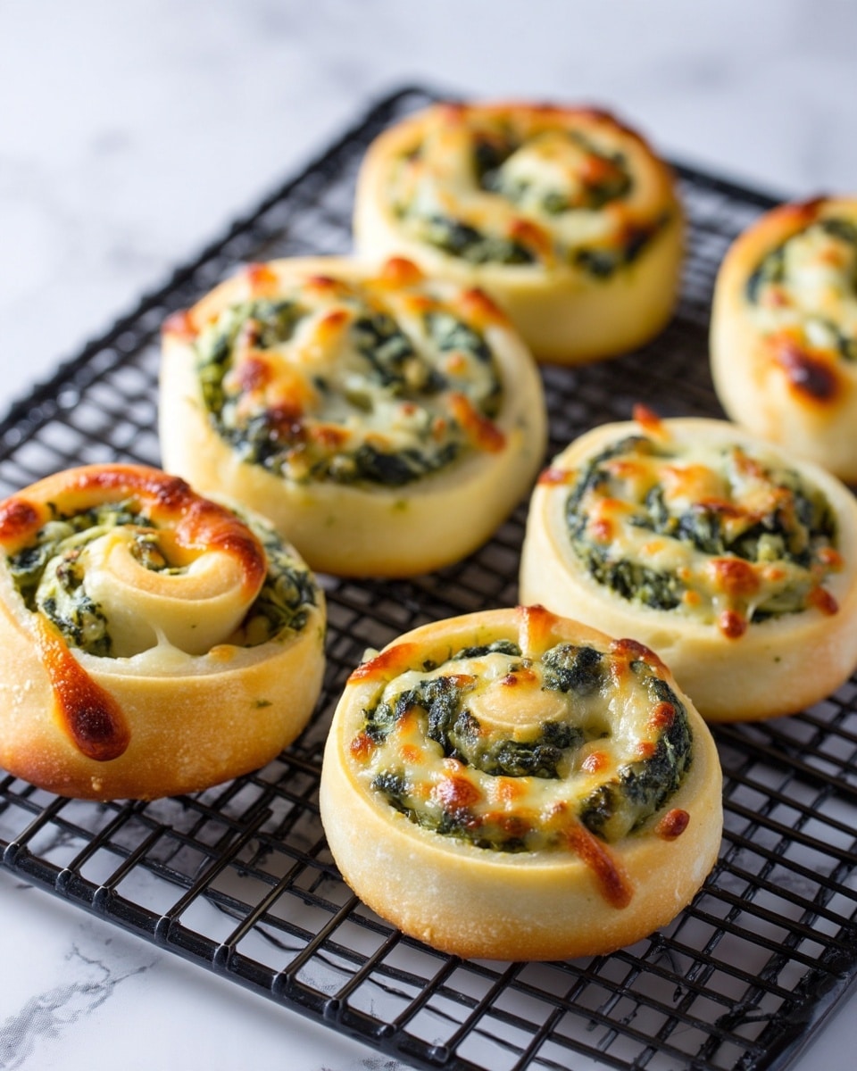 The image shows several small round savory rolls placed closely on a black cooling rack over a white marbled surface. Each roll has two visible layers: the outer layer is light golden brown dough that is soft and slightly puffy with some browned spots on the edges, and the inner layer is a creamy white cheese topping mixed with finely chopped green spinach filling, which provides a rough textured look. The cheese is melted with slight golden spots, giving a bubbly appearance. The rolls vary slightly in shape but are mostly round and thick, with the filling evenly spread within the dough swirls. photo taken with an iphone --ar 4:5 --v 7