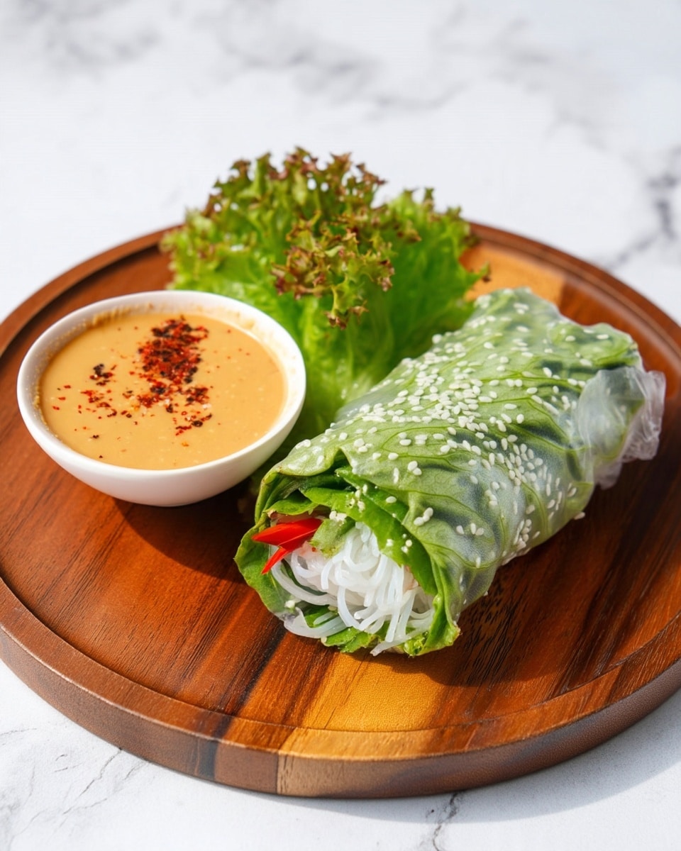 A fresh spring roll wrapped in translucent rice paper sprinkled with white sesame seeds, showing green lettuce leaves on the outside and visible white noodles and red strips inside, resting on a round wooden board. Next to it is a small white bowl filled with a creamy light brown dipping sauce topped with red chili flakes. The scene is set against a white marbled texture background. photo taken with an iphone --ar 4:5 --v 7