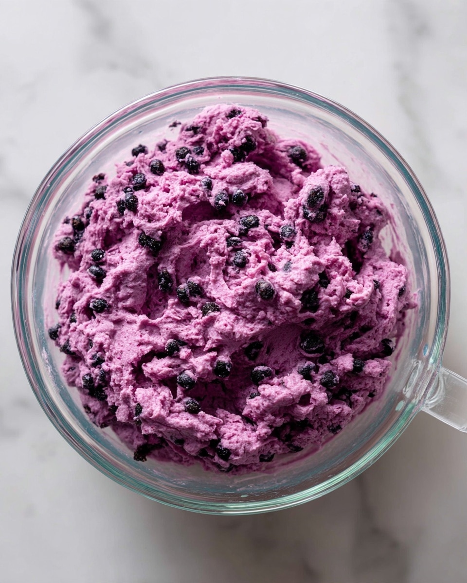 The image shows a clear glass bowl filled with a thick, purple dough mixed with dark purple or black berries spread throughout. The dough has a rough, uneven texture, indicating it is dense and soft. The bowl is placed on a white marbled surface, creating a clean and bright background. The dough fills the center of the bowl, with the glass sides and handle visible around it. photo taken with an iphone --ar 4:5 --v 7