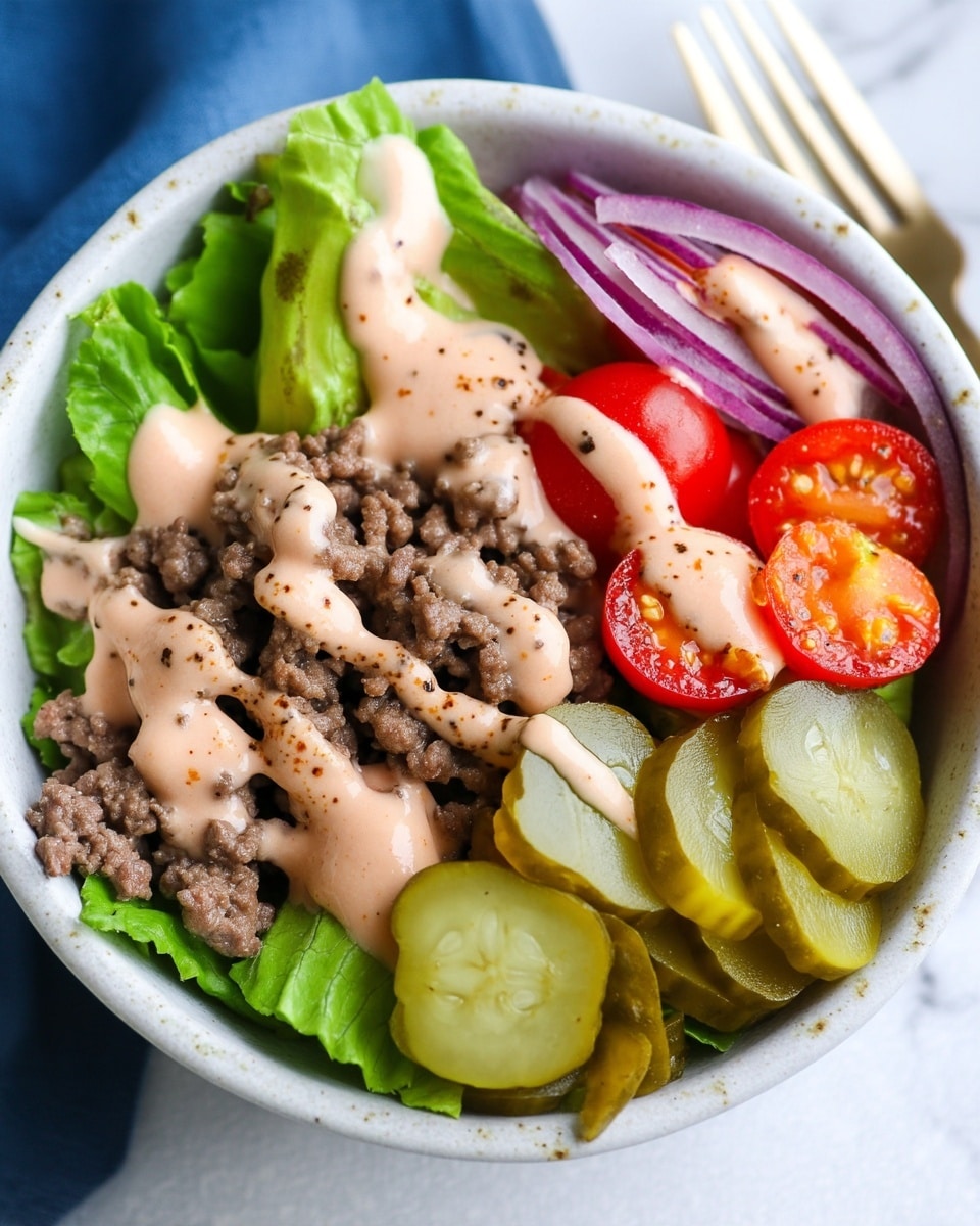 A white bowl filled with four main layers: at the bottom, green leafy lettuce peeks out. Above that, crumbly brown cooked ground meat covers most of the bowl. Sliced green pickles sit on one side, while bright red cherry tomato halves and thin purple onion slices are on the other. The dish is drizzled with a creamy light orange sauce that is sprinkled with black pepper, giving a speckled detail over the top. The bowl rests on a white marbled surface with a hint of a blue cloth nearby. Photo taken with an iphone --ar 4:5 --v 7
