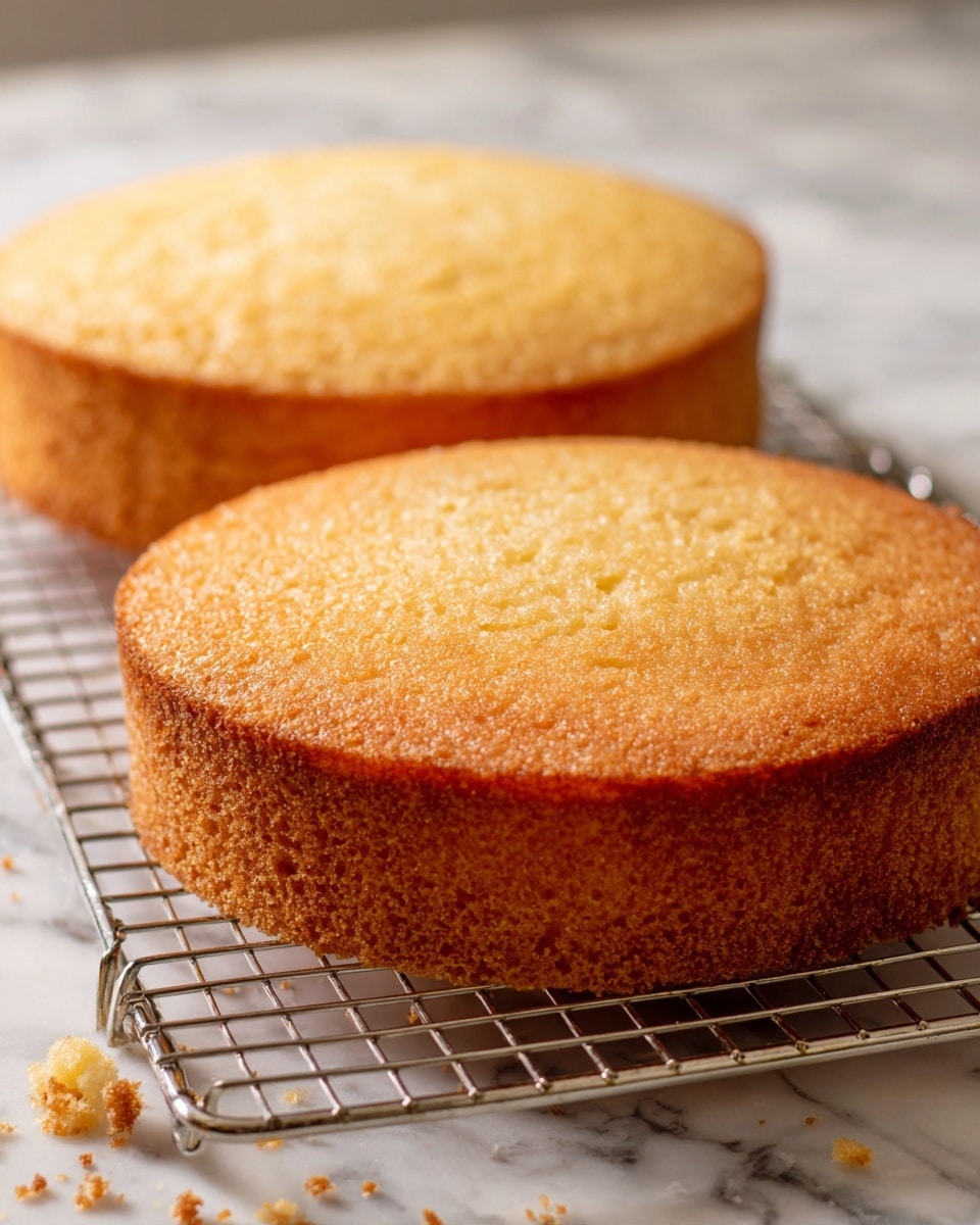 Two round cake layers with a light golden brown color sit on a silver cooling rack above a white marbled surface. Both layers have a soft, fine texture with slightly uneven edges, showing a moist crumb. One layer is closer to the front, slightly larger and darker in shade, while the other is positioned behind it and is lighter. Small crumbs are scattered around the rack. Photo taken with an iphone --ar 4:5 --v 7