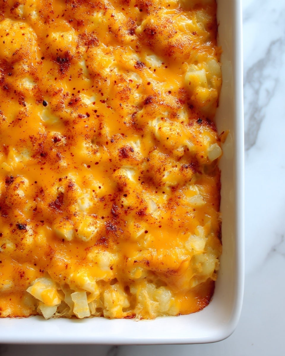 The image shows a close-up of a baked casserole in a white rectangular dish. The dish has two visible layers: the bottom layer consists of small diced white pieces, likely potatoes or similar, with a soft texture, and the top layer is a melted bright orange cheese covering most of the dish. There are small darker spots sprinkled on top, possibly paprika or a similar spice, adding some red and brown specks across the golden cheese. The edges of the casserole show slight browning from baking, giving a crisp appearance on the sides. The background is a white marbled surface. Photo taken with an iphone --ar 4:5 --v 7