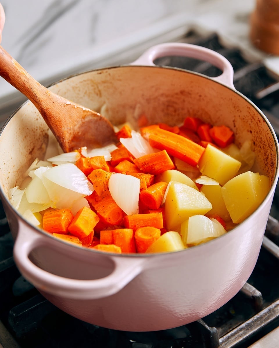 A white pot with pink handles contains three layers of cooked vegetables: large, soft white onion chunks with a shiny texture form the top and middle layers; beneath them are orange carrot cubes with a slightly smooth surface; and at the bottom are pale yellow potato cubes with a tender look. The inside of the pot has browned seasoning marks, and a wooden spoon is stirring the vegetables from above, held by a blurry woman's hand in the background. The pot is on a stove with a white marbled surface visible around it. photo taken with an iphone --ar 4:5 --v 7