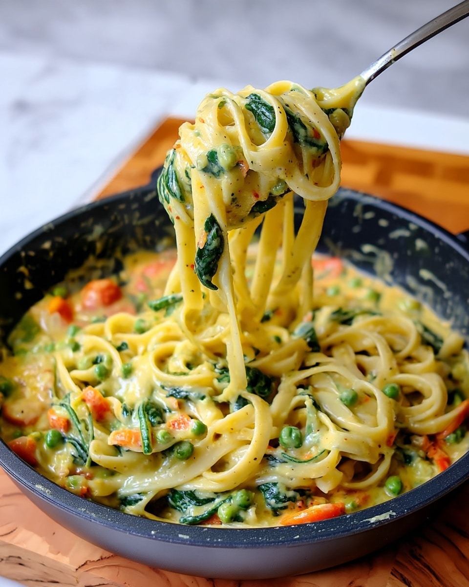 The image shows a close-up of creamy pasta in a black pan placed on a wooden surface with a white marbled background. The pasta strands are thick and long, coated in a rich yellow sauce with visible green spinach leaves mixed throughout. Bright orange pieces of bell peppers and small green peas are scattered inside the sauce, adding bursts of color. A spoon is lifting a swirled bundle of pasta, showing the creamy texture and the mix of vegetables close up. Photo taken with an iphone --ar 4:5 --v 7