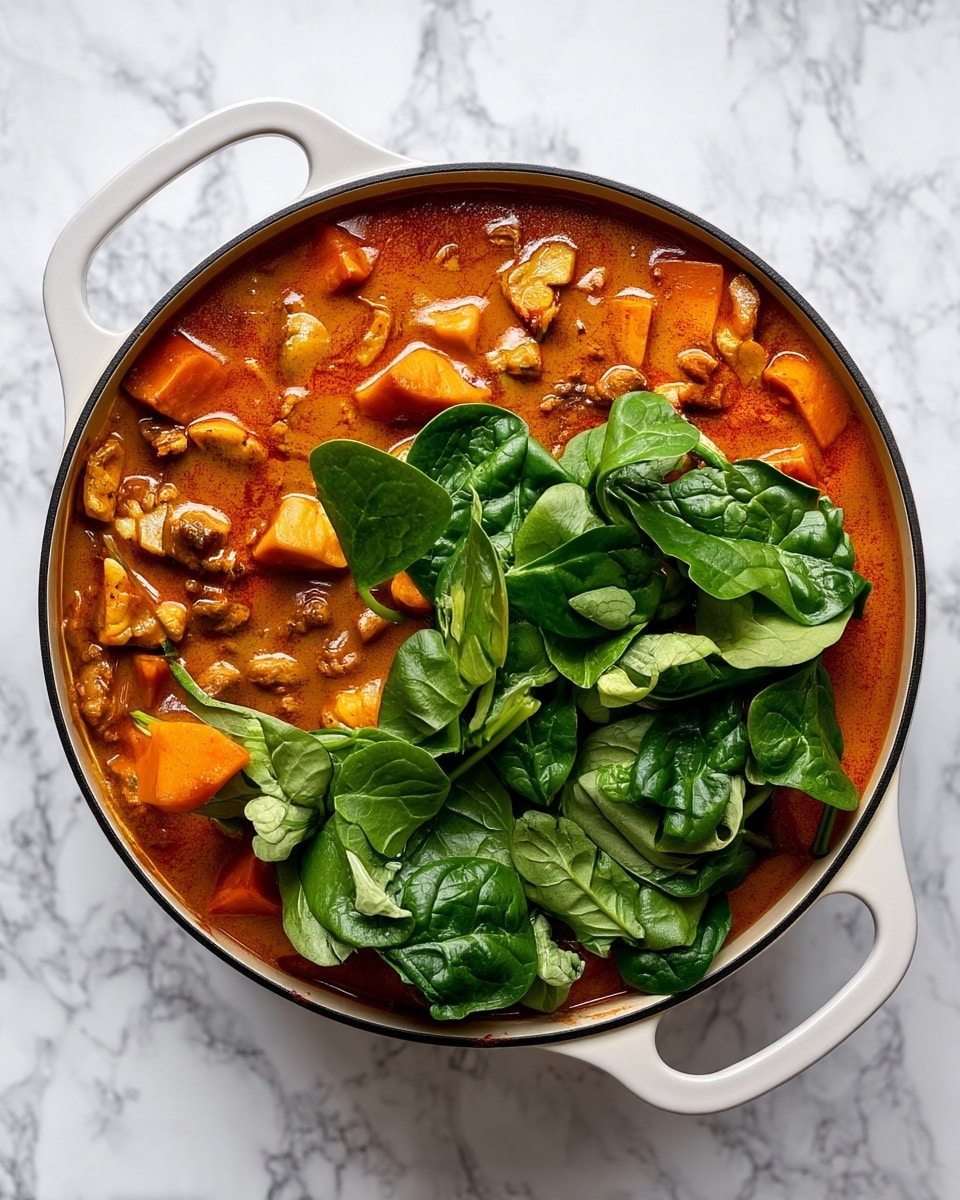 The image shows a round, white pot with two handles on a white marbled surface. Inside, there is a thick, reddish-brown curry with visible chunks of orange sweet potato and small pieces of meat spread evenly. On one side of the pot, a large bunch of fresh, dark green spinach leaves sits on top of the curry, contrasting with the rich sauce below. The sauce looks smooth and slightly shiny, covering the ingredients well. Photo taken with an iphone --ar 4:5 --v 7