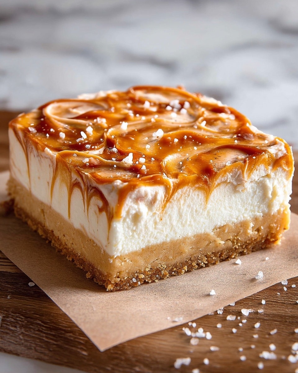 A square bar dessert with a thick bottom layer of light brown crust, topped by a thick creamy white frosting layer, and finished with a shiny caramel swirl spread on top, creating a marbled effect with smooth textures and warm colors; the entire bar is sprinkled with small flakes of coarse salt, all placed on a piece of parchment paper over a wooden table with a white marbled texture background, photo taken with an iphone --ar 4:5 --v 7