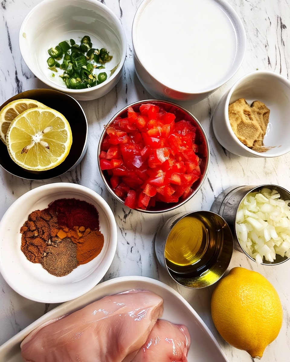 A top view of various fresh ingredients arranged on a white marbled surface. In the center, there is a small metal bowl filled with diced red tomatoes with juicy texture. Surrounding it are white bowls and metal cups holding different ingredients: sliced green chili peppers, a creamy white liquid, a beige mustard-like paste, mixed ground spices in deep red, brown, and yellow shades, chopped white onions, two lemon halves with bright yellow flesh, and golden olive oil. At the bottom left, a white tray holds two raw pale pink chicken fillets with a smooth, wet surface. The overall setting is clean and organized, with all items spaced evenly. Photo taken with an iphone --ar 4:5 --v 7