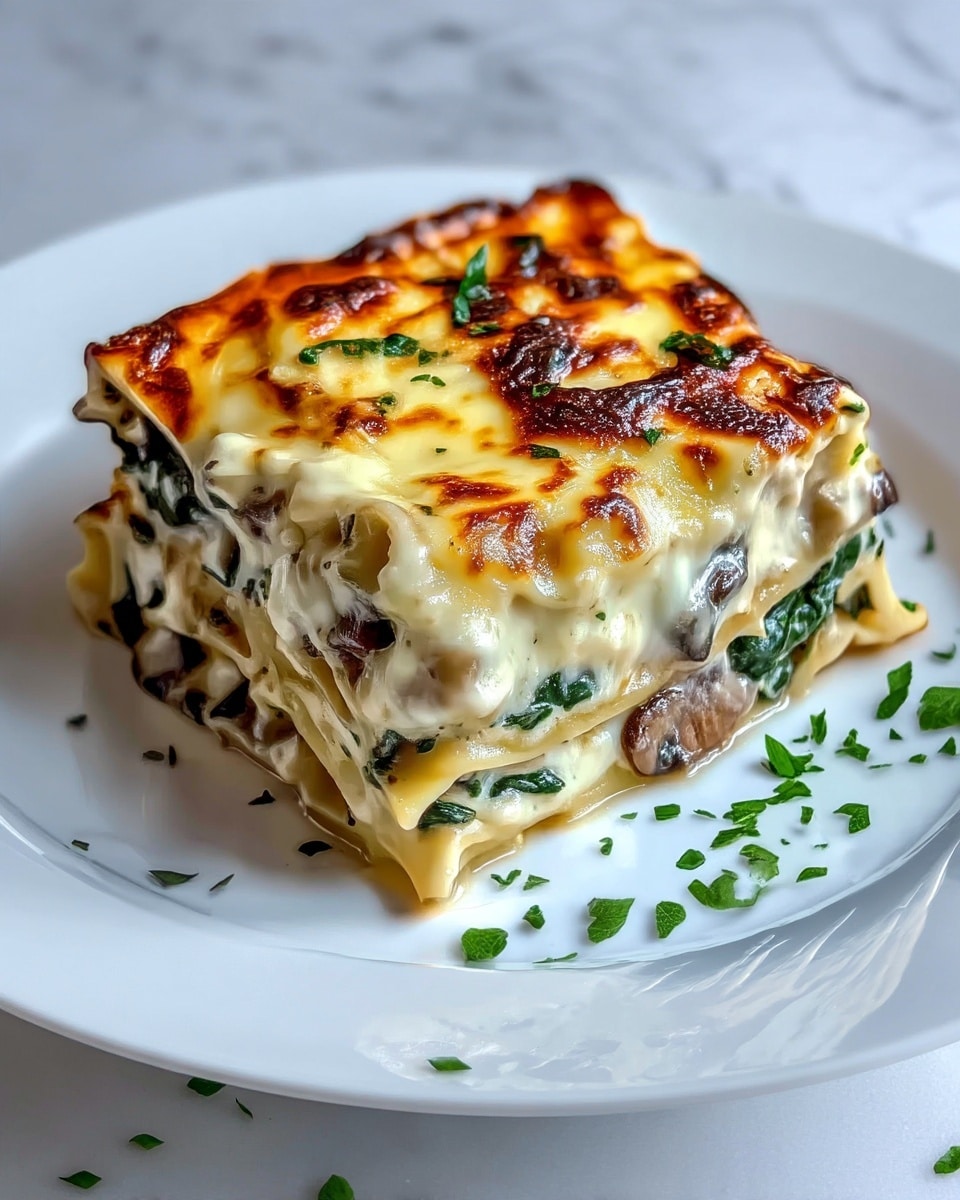 A slice of lasagna sits on a white plate on a white marbled surface, showing four visible layers. The bottom layer is pale yellow pasta, topped with a mix of sautéed mushrooms and green spinach leaves visible through the creamy white sauce, which makes a thick second layer. Another pasta layer follows, covered by more spinach and mushroom mix in creamy white sauce. The top layer is golden brown melted cheese with spots of darker toasted patches, scattered with small chopped green herbs. Small green herb pieces are also sprinkled around the plate. Photo taken with an iphone --ar 4:5 --v 7