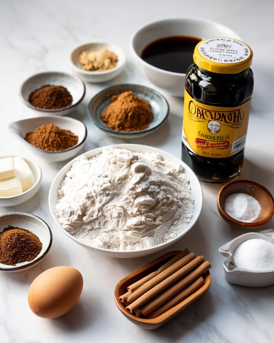 The image shows a white bowl full of white flour with a rough texture, placed on a white marbled surface. Around the bowl are small white bowls with different shades of brown spices – one dark brown, one medium brown with a lighter brown on top, one cinnamon brown, and one light beige. There is a large glass jar of dark molasses with a yellow lid and label in the middle. To the right of the jar, two sticks of white-wrapped butter lie side by side, and a small wooden bowl of white powder is nearby. On the bottom left, there is a brown egg and a measuring cup filled with light beige brown sugar. The ingredients are neatly arranged, showing a variety of rough, smooth, and powdery textures. photo taken with an iphone --ar 4:5 --v 7