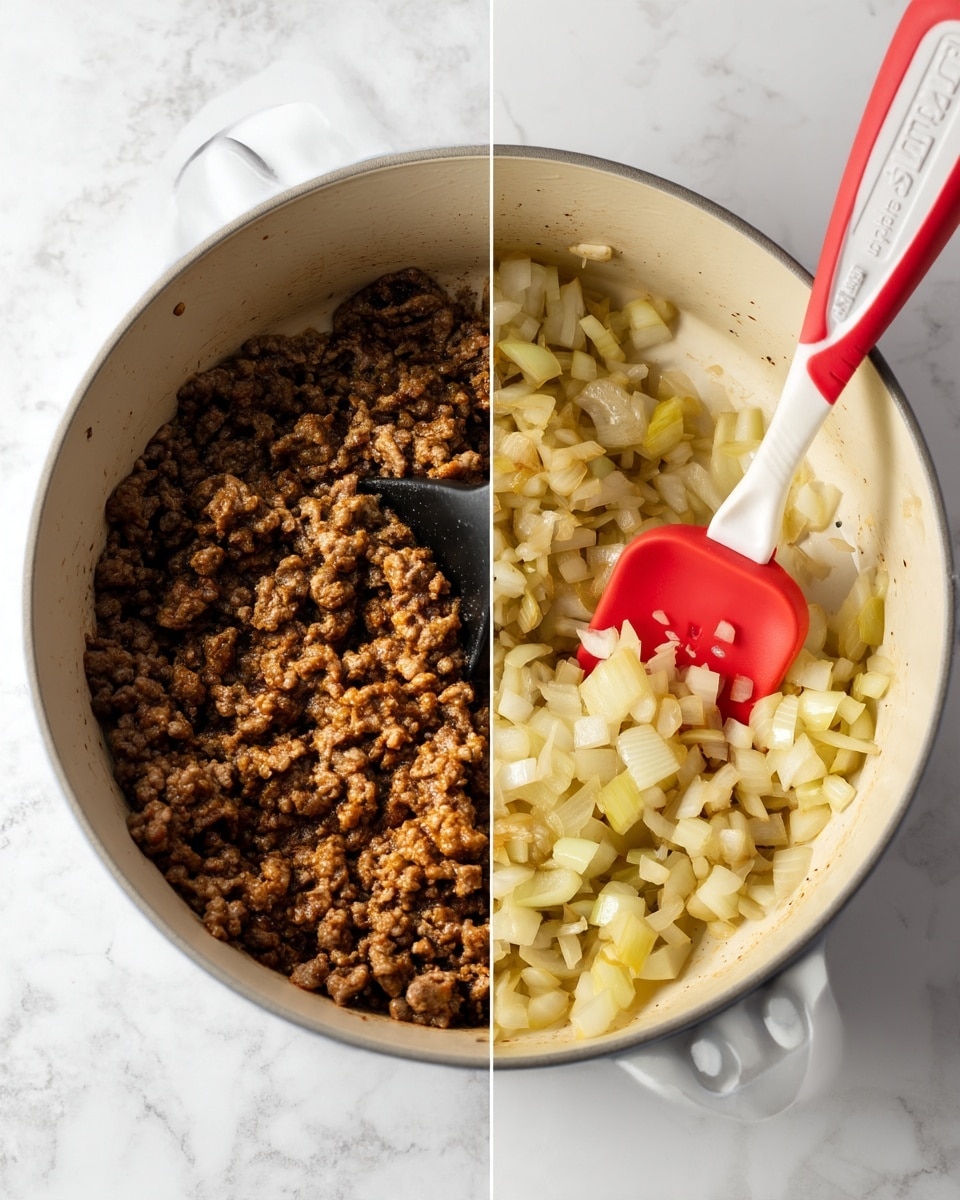 The image is split into two parts. On the left side, there is a white pot with cooked ground meat that is brown and crumbly, with a black spatula stirring it. On the right side, the same white pot has diced onions that are soft and translucent, being stirred with a red and white spatula. Both pots sit on a white marbled surface. The textures show cooked, slightly oily ground meat on the left and tender, sautéed onions on the right. photo taken with an iphone --ar 4:5 --v 7