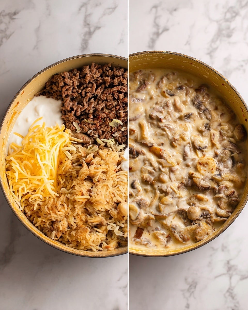 The image shows two photos of a round stovetop pot on a white marbled surface. In the left photo, the pot is divided into five sections of ingredients: cooked ground meat with a crumbly texture in dark brown at the top left, shredded light yellow cheese at the bottom left, a creamy white sauce at the top right, a beige rice and mushroom mixture with round beige mushroom pieces at the bottom right, and a mixed mound of rice and mushrooms in the center. In the right photo, all the ingredients are mixed together into a creamy beige dish with visible pieces of meat and mushrooms evenly spread. The pot is rustic metal with a yellowish interior. Photo taken with an iphone --ar 4:5 --v 7