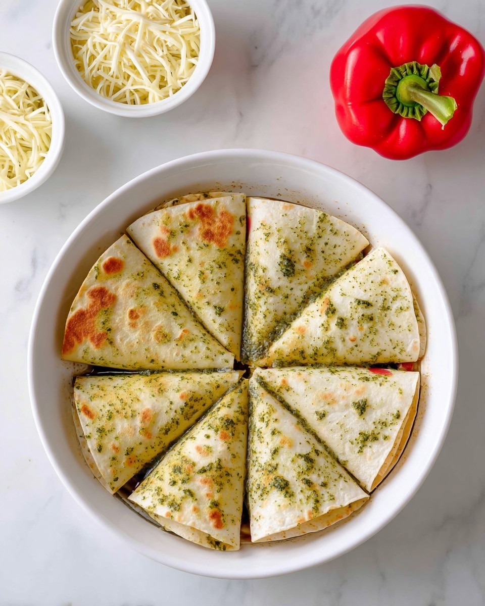 The image shows a sequence of three steps to make a quesadilla in a round white dish. The first step has six tortilla pieces arranged in a circular pattern with light golden brown spots on the surface. The second step shows the same six tortilla pieces lightly covered with a green herb sauce, giving them a speckled green and white texture. The third step shows the tortilla pieces covered with a layer of mixed shredded white and yellow cheese, evenly spreading on top to fill the round white dish. There is a bright red bell pepper placed above the dish and small white bowls with shredded cheese around the dish on a white marbled surface. Photo taken with an iphone --ar 4:5 --v 7
