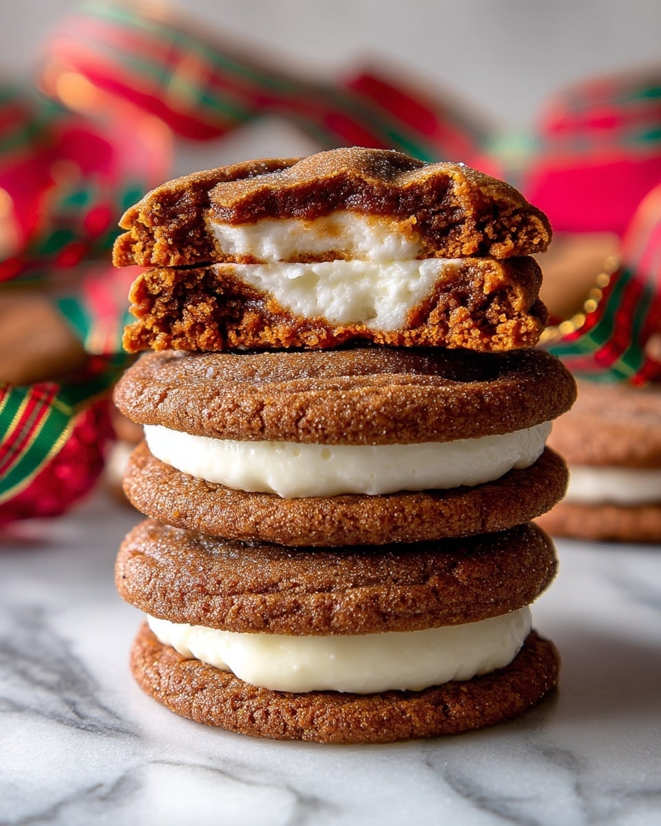 A stack of three brown cookies with a soft, white cream filling in the middle, each cookie showing the creamy layer clearly separated by the brown cookie dough around it, all on a white marbled surface with blurred cookies and a red-and-green patterned ribbon in the background; the cookies have a slightly cracked texture on top and a soft look inside. photo taken with an iphone --ar 4:5 --v 7
