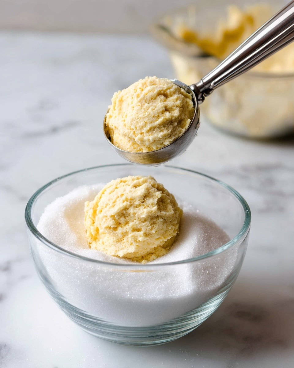 A metal scoop with a creamy yellow textured dough is held above a clear glass bowl containing a layer of white granular sugar, with a single scoop of the same dough resting on top of the sugar. The scene is set on a white marbled surface, with parts of a mixing bowl filled with more dough partially visible on the right side. The lighting is soft, highlighting the texture of the dough and sugar grains. photo taken with an iphone --ar 4:5 --v 7